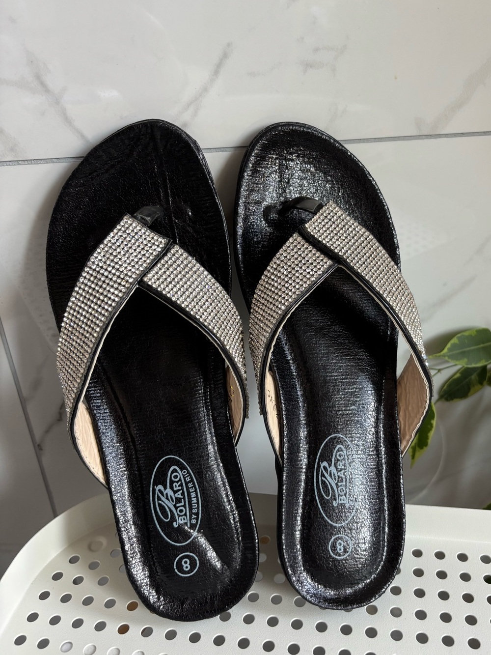 BOLARO by Summer Rio Black Rhinestone Thong Sandals Wedges Size 8 (EU 39)